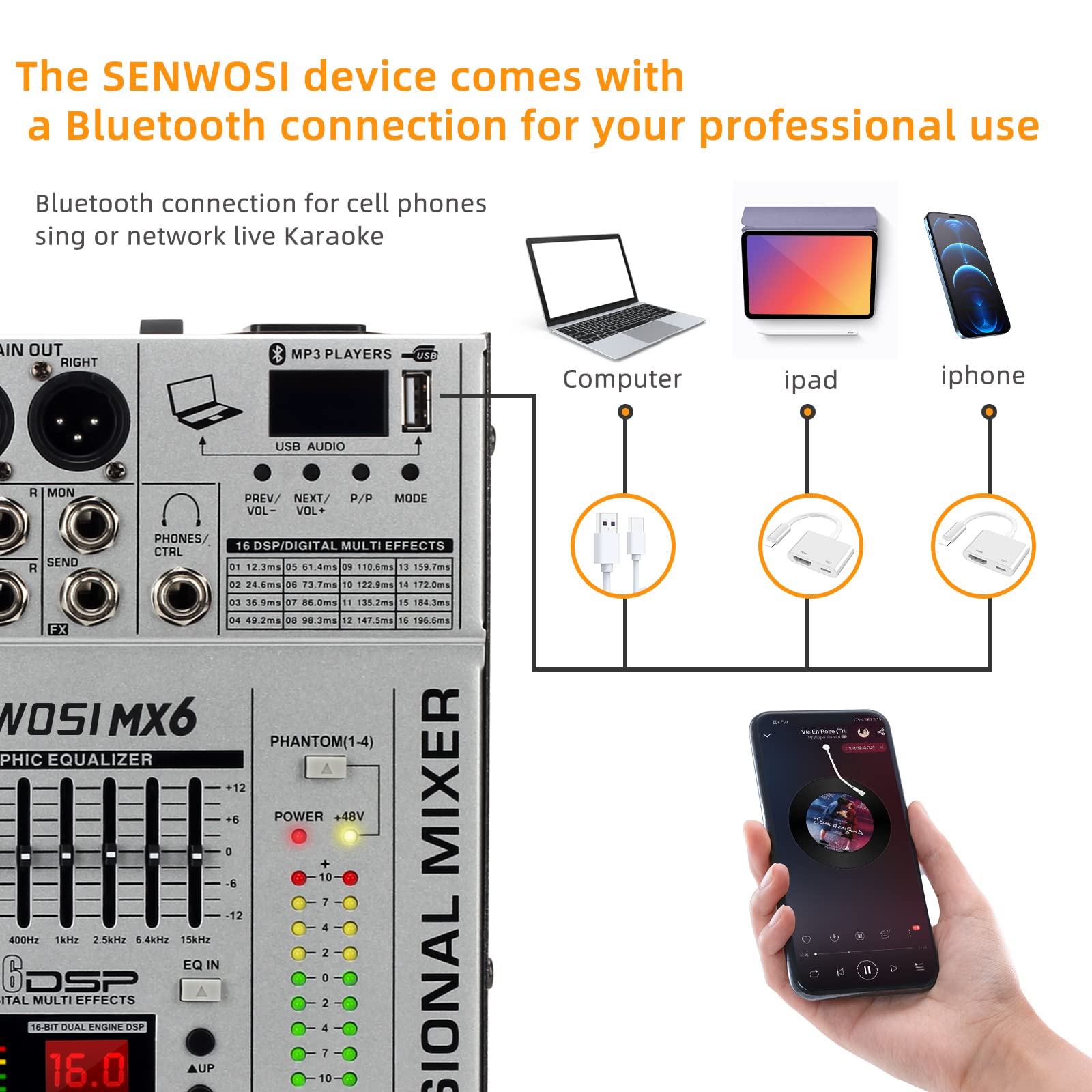 SENWOSI 6-Channel All-metal panel Audio Mixer, BT USB PC Recording Input, 16 DSP Effects, Stereo Equalizer,48V Power Supply,4 Mono 2 Stereo Input, Studio Or Live (MX-6)