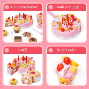 75PCS Birthday Cake Toy Cutting Decorating Birthday Cake Kitchen Pretend Toys Party Role Play Food Sets with Removable Candles Fruit Ice Cream Biscuits Candy Gift for Girls Boys Aged 3+