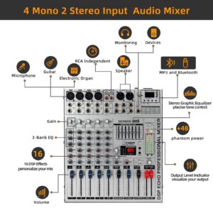 SENWOSI 6-Channel All-metal panel Audio Mixer, BT USB PC Recording Input, 16 DSP Effects, Stereo Equalizer,48V Power Supply,4 Mono 2 Stereo Input, Studio Or Live (MX-6)