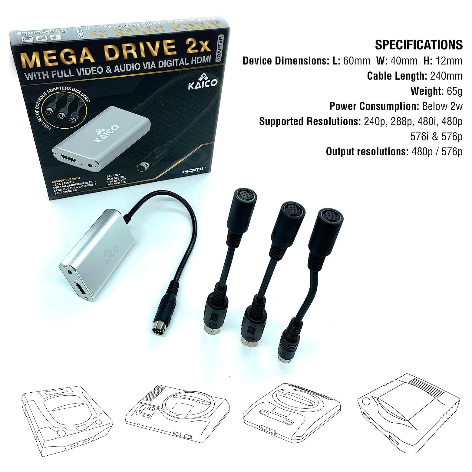 Kaico SEGA Saturn 2X Line Doubler & SEGA Genesis HDMI Adapter - for Megadrive, SNK Neo Geo, Sega Genesis, Sega Saturn Console - Supports RGB and Composite Output - All in One 2X Line Doubler HDMI