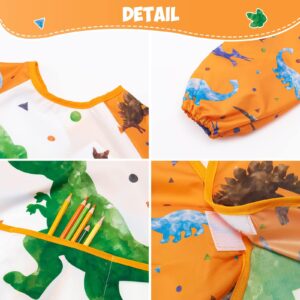 Dinosaur Art Smock - Kids Aprons for Boys ages 3-8 Waterproof Toddler Art Smock Painting Toddler Apron for Girls with Long Sleeve 3 Pockets Toddlers Painting Eating Cooking Baking Gardening Apron