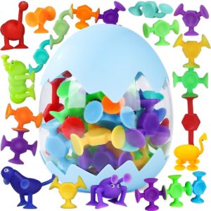 suction cup toys 27 pcs silicone suction bath toys travel toys window toy for kids ages 3-8 boys girls sensory toys with dinosaur eggshell storage