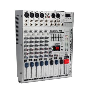 SENWOSI 6-Channel All-metal panel Audio Mixer, BT USB PC Recording Input, 16 DSP Effects, Stereo Equalizer,48V Power Supply,4 Mono 2 Stereo Input, Studio Or Live (MX-6)