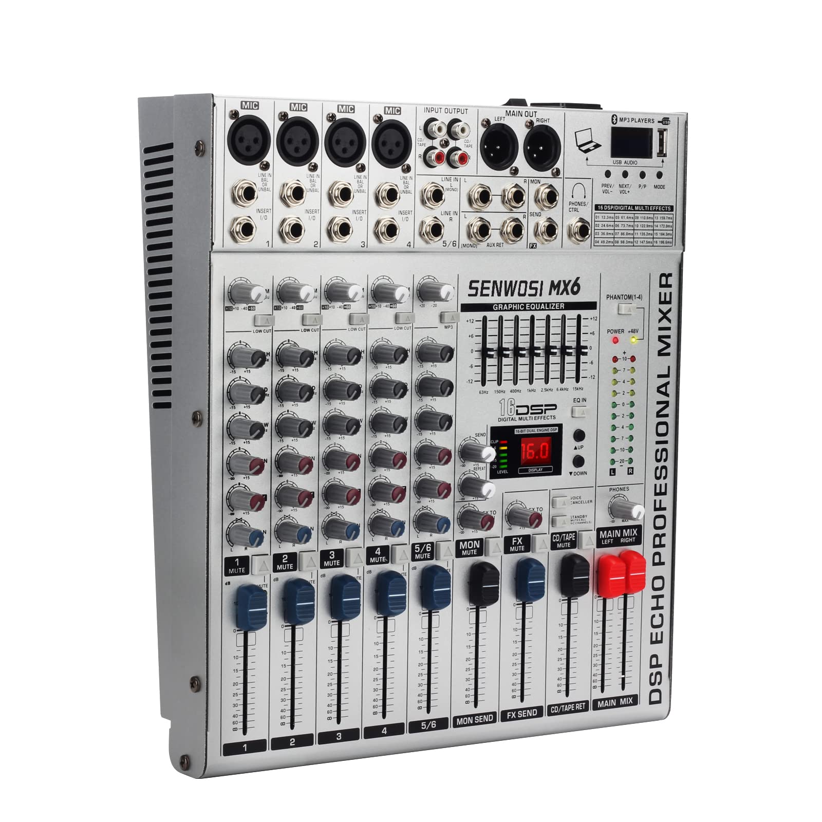 SENWOSI 6-Channel All-metal panel Audio Mixer, BT USB PC Recording Input, 16 DSP Effects, Stereo Equalizer,48V Power Supply,4 Mono 2 Stereo Input, Studio Or Live (MX-6)