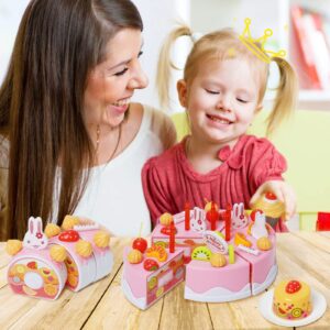 75PCS Birthday Cake Toy Cutting Decorating Birthday Cake Kitchen Pretend Toys Party Role Play Food Sets with Removable Candles Fruit Ice Cream Biscuits Candy Gift for Girls Boys Aged 3+