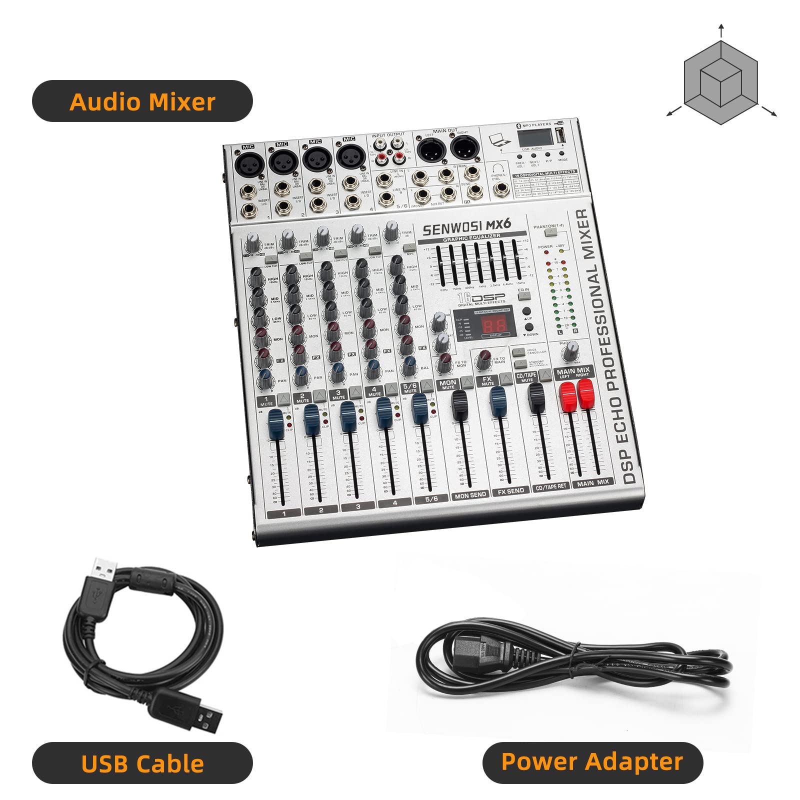 SENWOSI 6-Channel All-metal panel Audio Mixer, BT USB PC Recording Input, 16 DSP Effects, Stereo Equalizer,48V Power Supply,4 Mono 2 Stereo Input, Studio Or Live (MX-6)