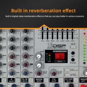 SENWOSI 6-Channel All-metal panel Audio Mixer, BT USB PC Recording Input, 16 DSP Effects, Stereo Equalizer,48V Power Supply,4 Mono 2 Stereo Input, Studio Or Live (MX-6)