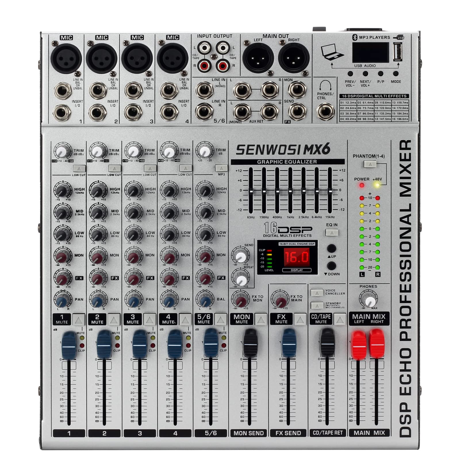 SENWOSI 6-Channel All-metal panel Audio Mixer, BT USB PC Recording Input, 16 DSP Effects, Stereo Equalizer,48V Power Supply,4 Mono 2 Stereo Input, Studio Or Live (MX-6)