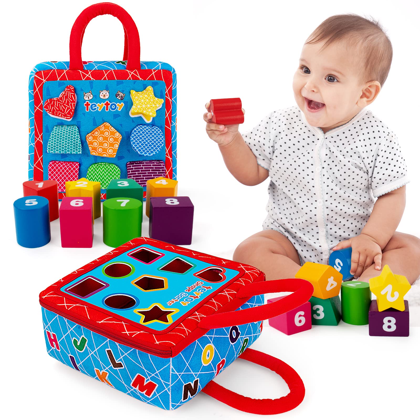 teytoy Shape Sorter Toys with 2-Sided Activity Bag and 8 Textured Shape Blocks Develop Sensory Fine Motor Skills Game Child Development Preschool Baby Toy for 6-12 Months and Older