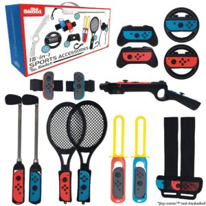 switch sports accessories bundle,15 in 1 accessories kit compatible with nintendo switch sports: includes 2 tennis rackets, 2 golf clubs, 2 arm bands, 1 zapper, 2 swords and 2 steering wheels