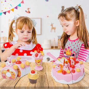 75PCS Birthday Cake Toy Cutting Decorating Birthday Cake Kitchen Pretend Toys Party Role Play Food Sets with Removable Candles Fruit Ice Cream Biscuits Candy Gift for Girls Boys Aged 3+