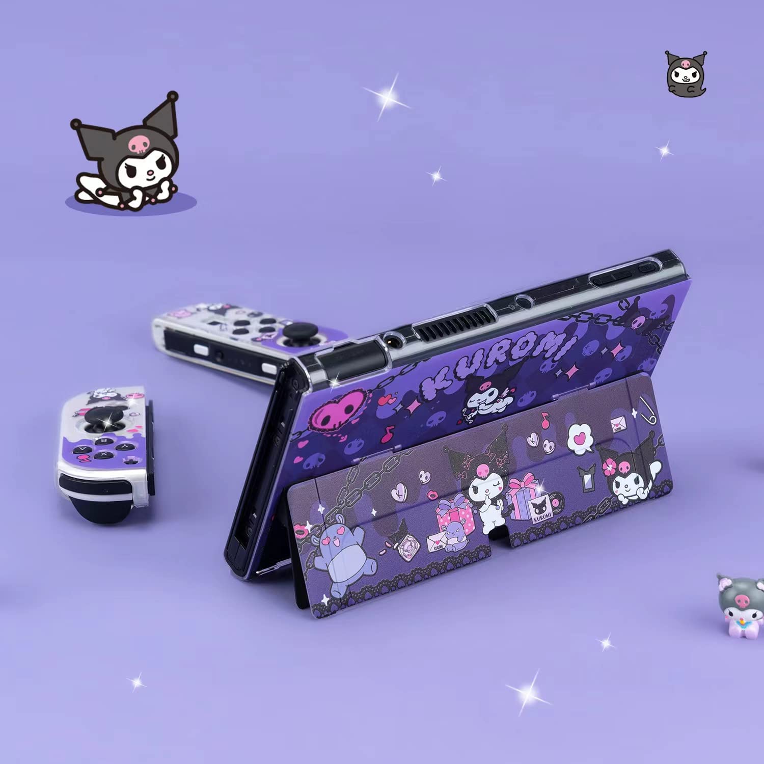 Eamily Cute Kuromi Case Compatible with Nintendo Switch OLED, Dockable Case Cover, Ergonomic Soft TPU Grip Case for Joycon, Sparkle Skin Set