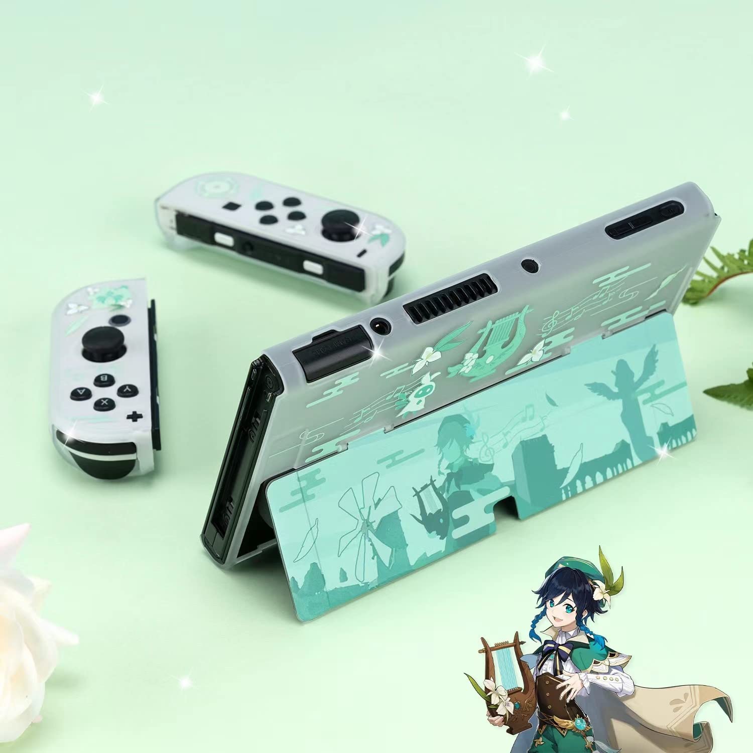 Cute Genshin Impact Venti Case Compatible with Nintendo Switch OLED, Dockable Case Cover, Ergonomic Soft TPU Grip Case for Joycon, Sparkle Skin Set