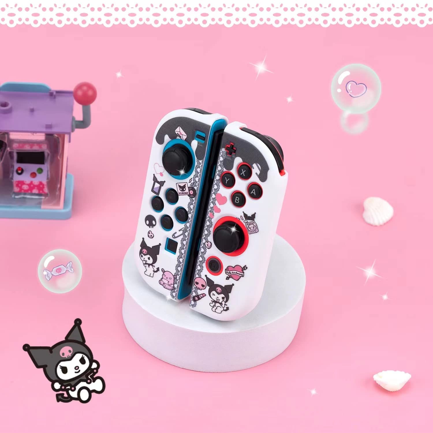 Eamily Cute Kuromi Case Compatible with Nintendo Switch OLED, Dockable Case Cover, Ergonomic Soft TPU Grip Case for Joycon, Sparkle Skin Set