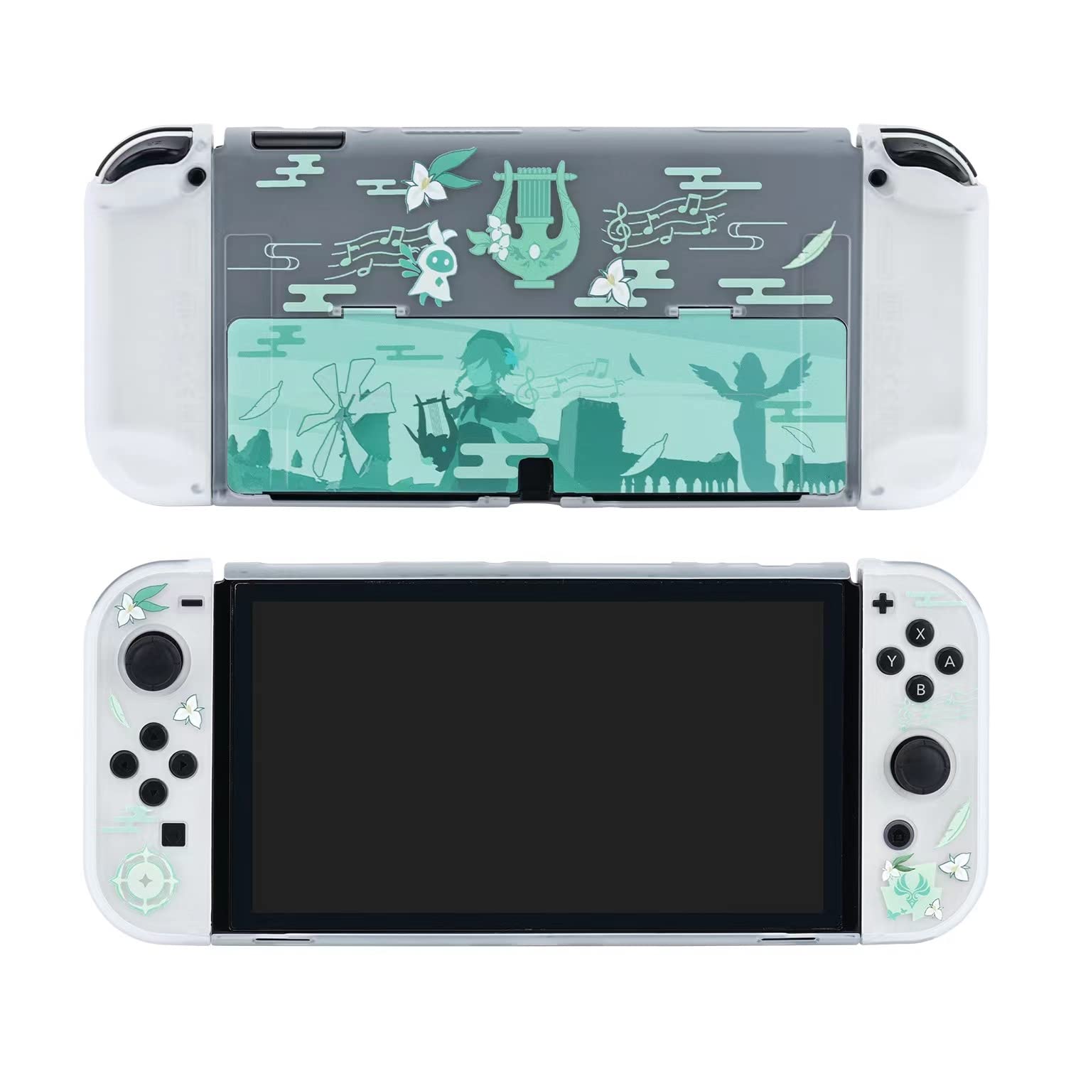 Cute Genshin Impact Venti Case Compatible with Nintendo Switch OLED, Dockable Case Cover, Ergonomic Soft TPU Grip Case for Joycon, Sparkle Skin Set