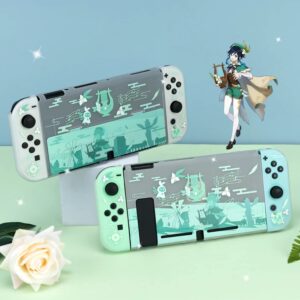 Cute Genshin Impact Venti Case Compatible with Nintendo Switch, Dockable Case Cover, Ergonomic Soft TPU Grip Case for Joycon, Sparkle Skin Set