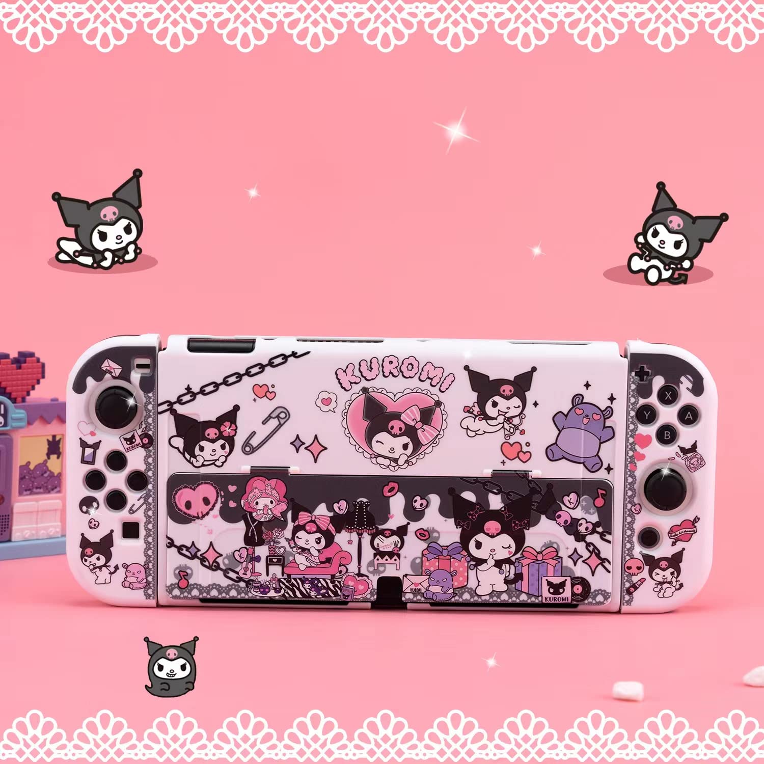 Eamily Cute Kuromi Case Compatible with Nintendo Switch OLED, Dockable Case Cover, Ergonomic Soft TPU Grip Case for Joycon, Sparkle Skin Set