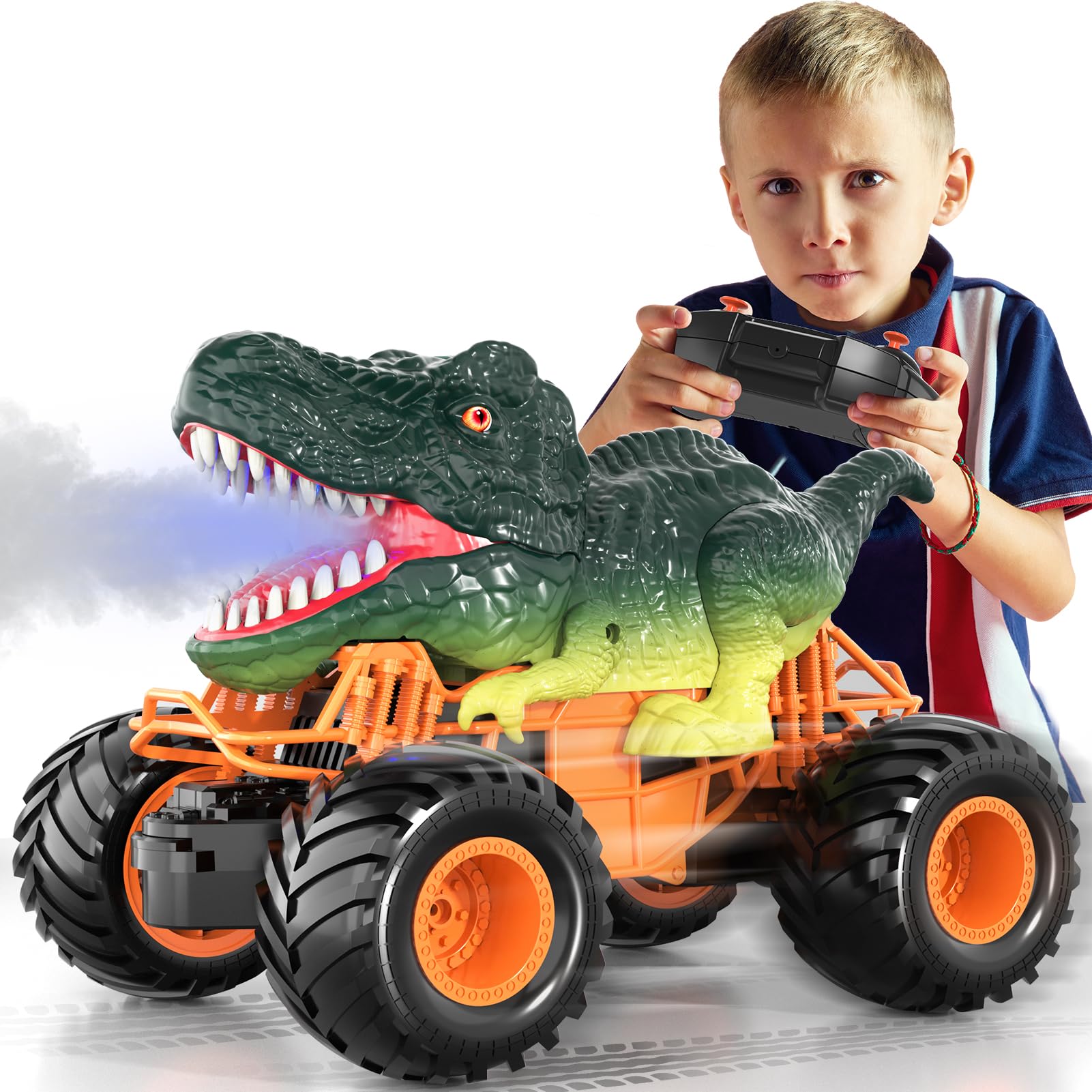 Bennol Remote Control Dinosaur Car Toys for Kids Boys 3-5 4-7, 2.4GHz RC Dino Car Toys with Light, Sound & Spray, Indoor Outdoor All Terrain Electric RC Car Toys Gifts for 3 4 5 8 10 12 Boys Kids