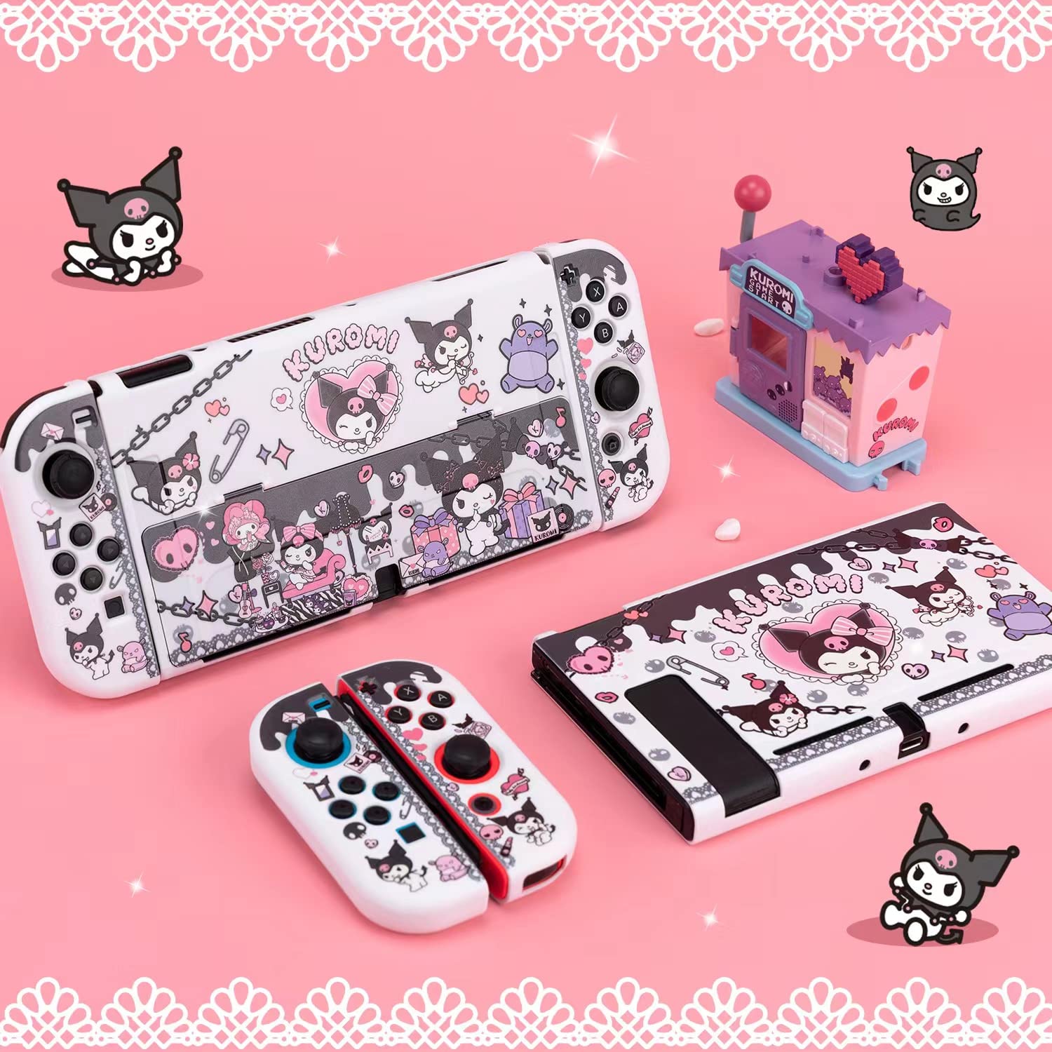 Eamily Cute Kuromi Case Compatible with Nintendo Switch OLED, Dockable Case Cover, Ergonomic Soft TPU Grip Case for Joycon, Sparkle Skin Set