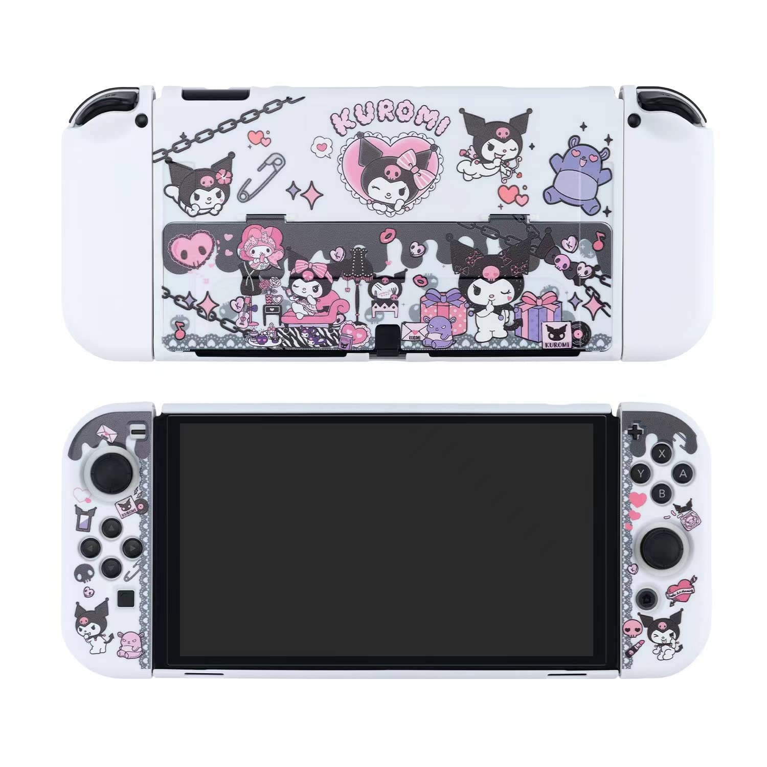 Eamily Cute Kuromi Case Compatible with Nintendo Switch OLED, Dockable Case Cover, Ergonomic Soft TPU Grip Case for Joycon, Sparkle Skin Set