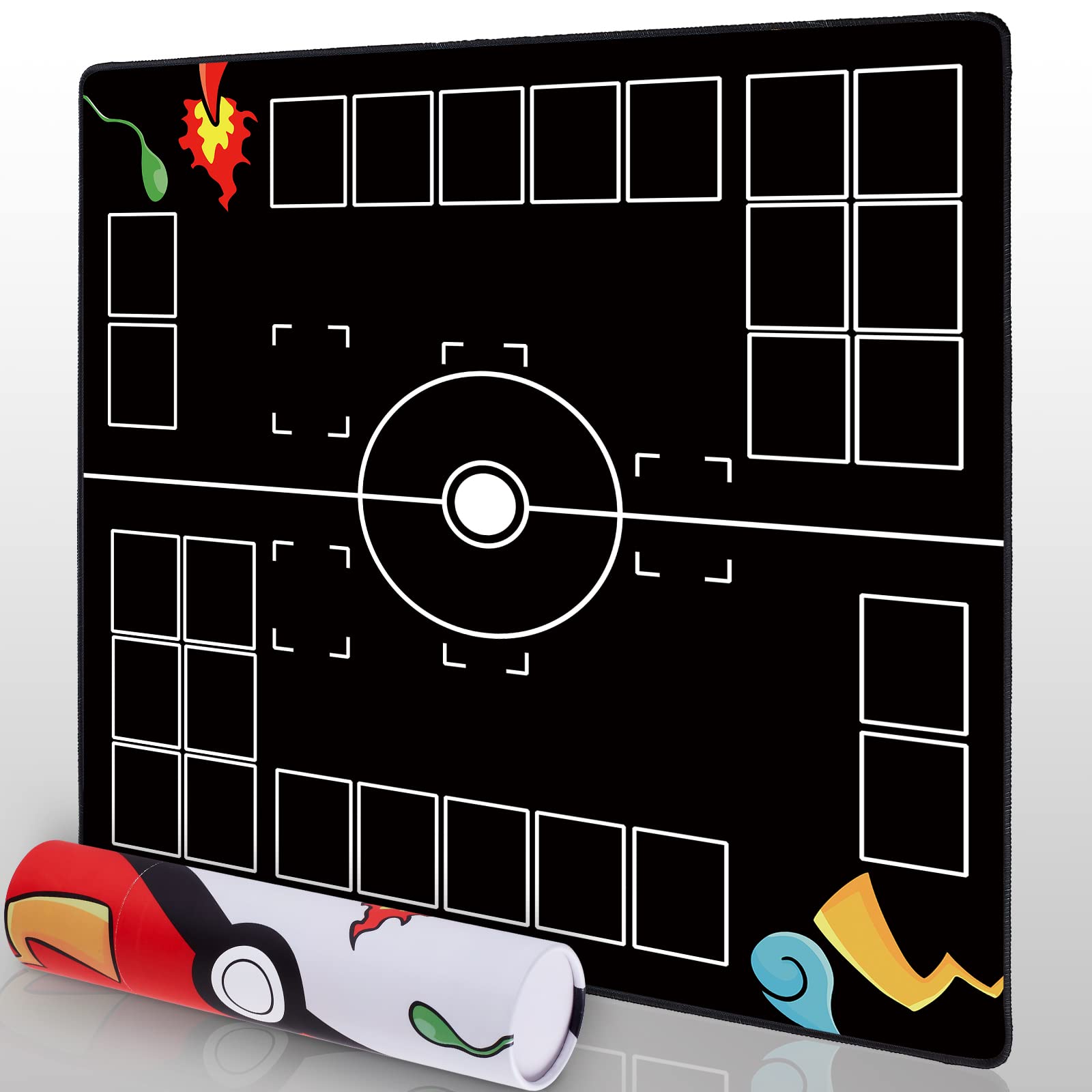 Playmat for Game with Tube - Stitched Play Mat for Card Gameplay with Zones, 2 Player Trainer Game Playing Mat (Black)