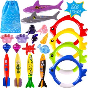 woplagyreat summer pool diving swimming toys for kids, fun swim games sinking set, underwater dive gifts with storage bag include torpedo gems shark rings sea animals for boys girls toddlers 20 packs