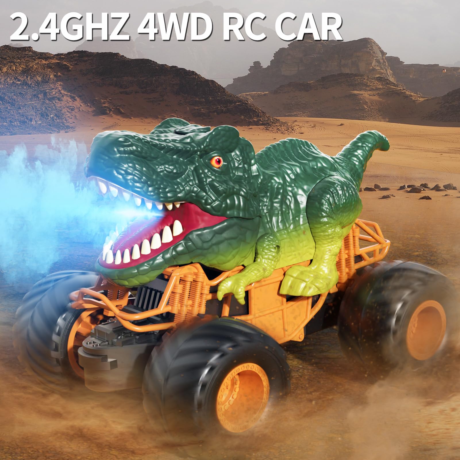 Bennol Remote Control Dinosaur Car Toys for Kids Boys 3-5 4-7, 2.4GHz RC Dino Car Toys with Light, Sound & Spray, Indoor Outdoor All Terrain Electric RC Car Toys Gifts for 3 4 5 8 10 12 Boys Kids