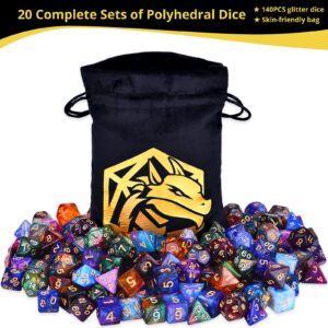 Amiven DND RPG Dice Sets 20 x 7 Polyhedral Glitter Dice (140 Pieces) for Dungeons and Dragons Tabletop Role-Playing Games, with a Large Bag