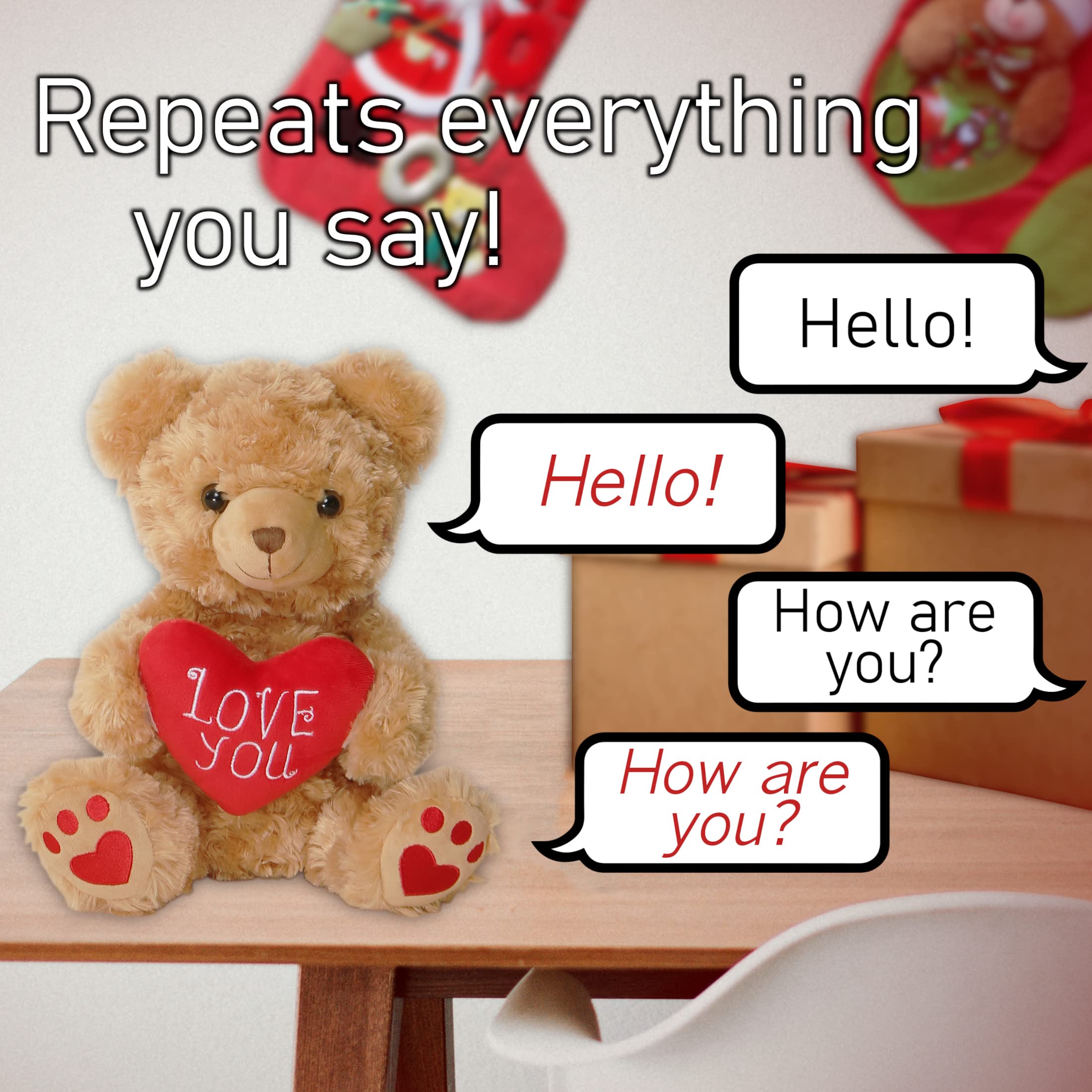 Zillywood 9" Talking Teddy Bear Repeats What You say. Repeating Talking Teddy Bear Gift for her. I Love You Gifts for Valentine's Day, Mother's Day with Removable Plush Heart (Repeating Teddy Bear)