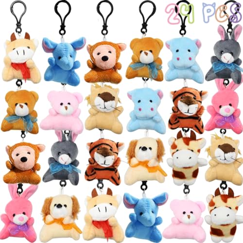 DINESIL 24 Pack Mini Plush Animals Toys, Small Stuffed Animal Plush Keychain for Goodie Bag Fillers, Easter Basket Stuffers, Easter Party Favors, Classroom Prizes