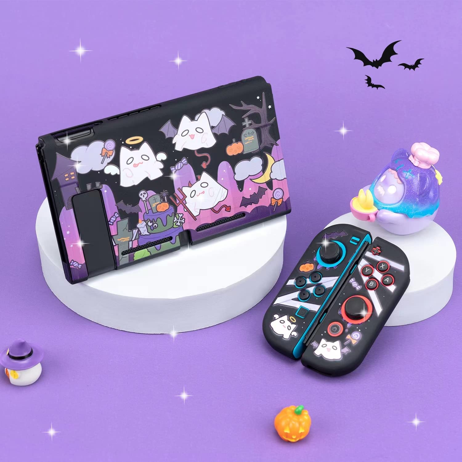 Eamily Cute Ghost Case Compatible with Nintendo Switch, Dockable Case Cover, Ergonomic Soft TPU Grip Case for Joycon, Sparkle Skin Set