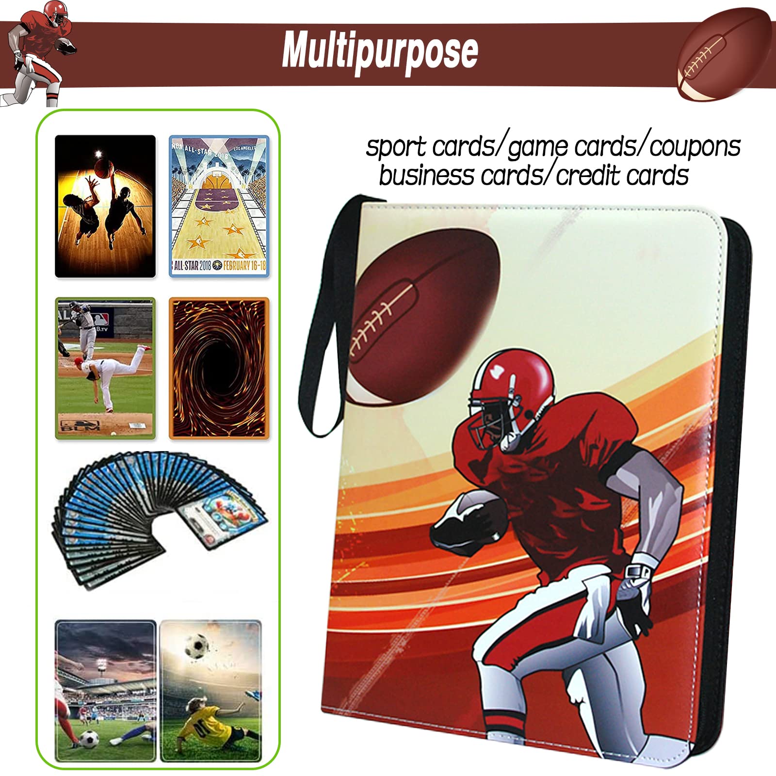 Football Cards Binder 900 Pockets, Trading Cards Holder Card Collectors Album,Trading Card Binder 9 Pocket with 50 Removable Sleeves for Football Card and Sports Card