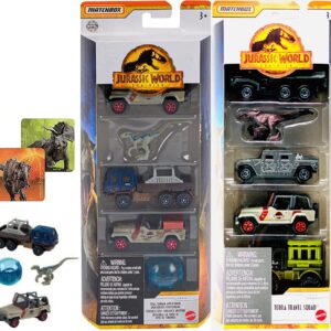 Terra Adventure Jurassic World 8 Cars Bundled with Dominion Vehicle 5-Pack Travel Squad with Mini Dinosaur Figure Velociraptor + Total Terrain Dino 5-Pack Land Sea collection & T-Rex Stickers 3-items