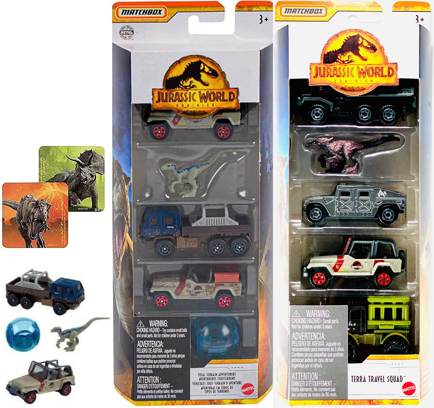 Terra Adventure Jurassic World 8 Cars Bundled with Dominion Vehicle 5-Pack Travel Squad with Mini Dinosaur Figure Velociraptor + Total Terrain Dino 5-Pack Land Sea collection & T-Rex Stickers 3-items