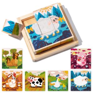 jocy wooden block puzzle toddler 1-3-5 years kid montessori learning games educational interactive toys, preschoolers cube puzzle with storage tray - 6 puzzles 1 (farm)