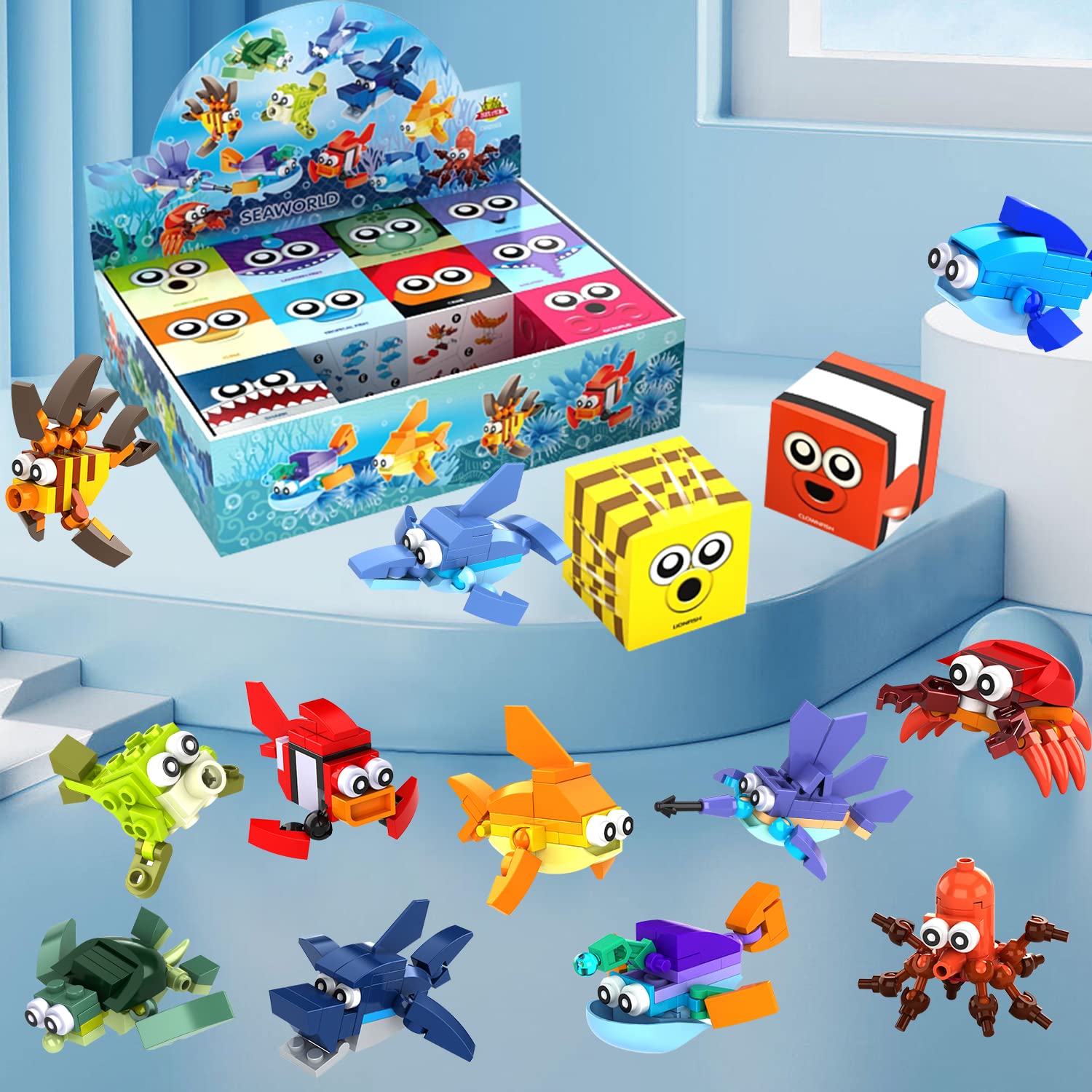 WinGift 12 In 1 Pre Filled Sea Creatures Building Block Set-12 Pcs Mini Building Blocks Toys, STEM Building Blocks Toys, Classroom Prize Toys, Party Favor for Kids,Birthday,Goodie Bags,Carnival Prizes