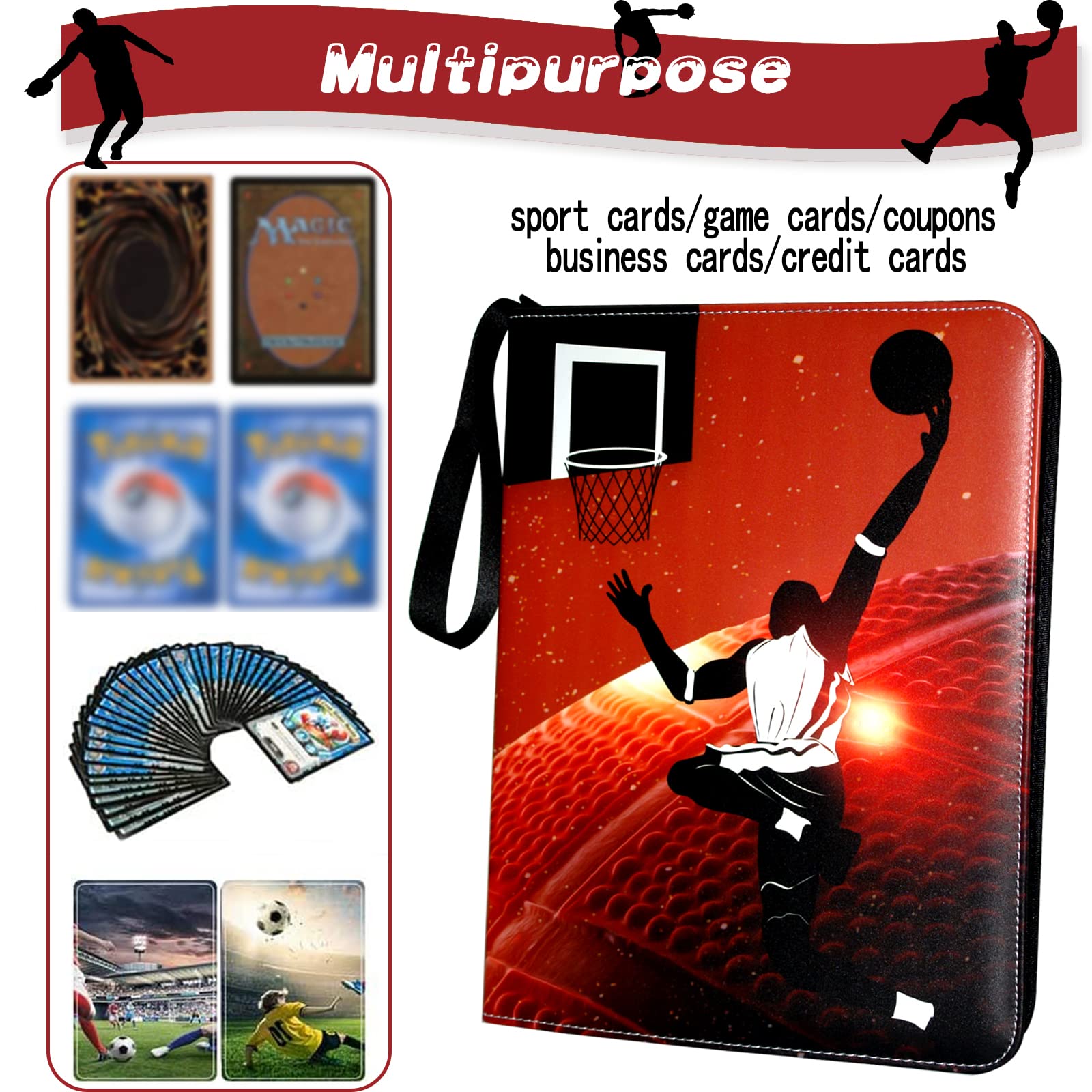 Basketball Card Binder, Trading Card Binder 9 Pocket with 50 Removable Sleeves Fits 900 Sport Cards, 3 Ring Card Holder Binder with Zipper, Collector Storage Album