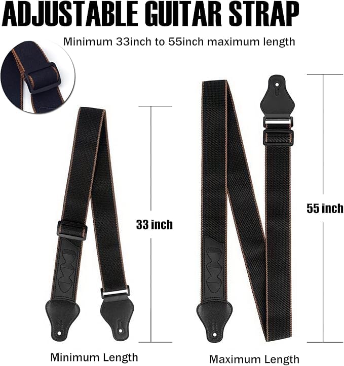 ROTOPATA Guitar Strap with Pick Holders, 2 Buttons 2 Locks 3 Guitar Picks, Cotton Strap with PU Leather Ends, Length Adjustable for Son Daughter (Black)