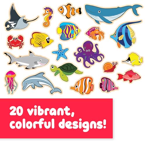 SPARK & WOW Wooden Magnets - Sea Life - Set of 20 - Magnets for Kids Ages 2+ - Cute Animal Magnets for Fridges, Whiteboards and More