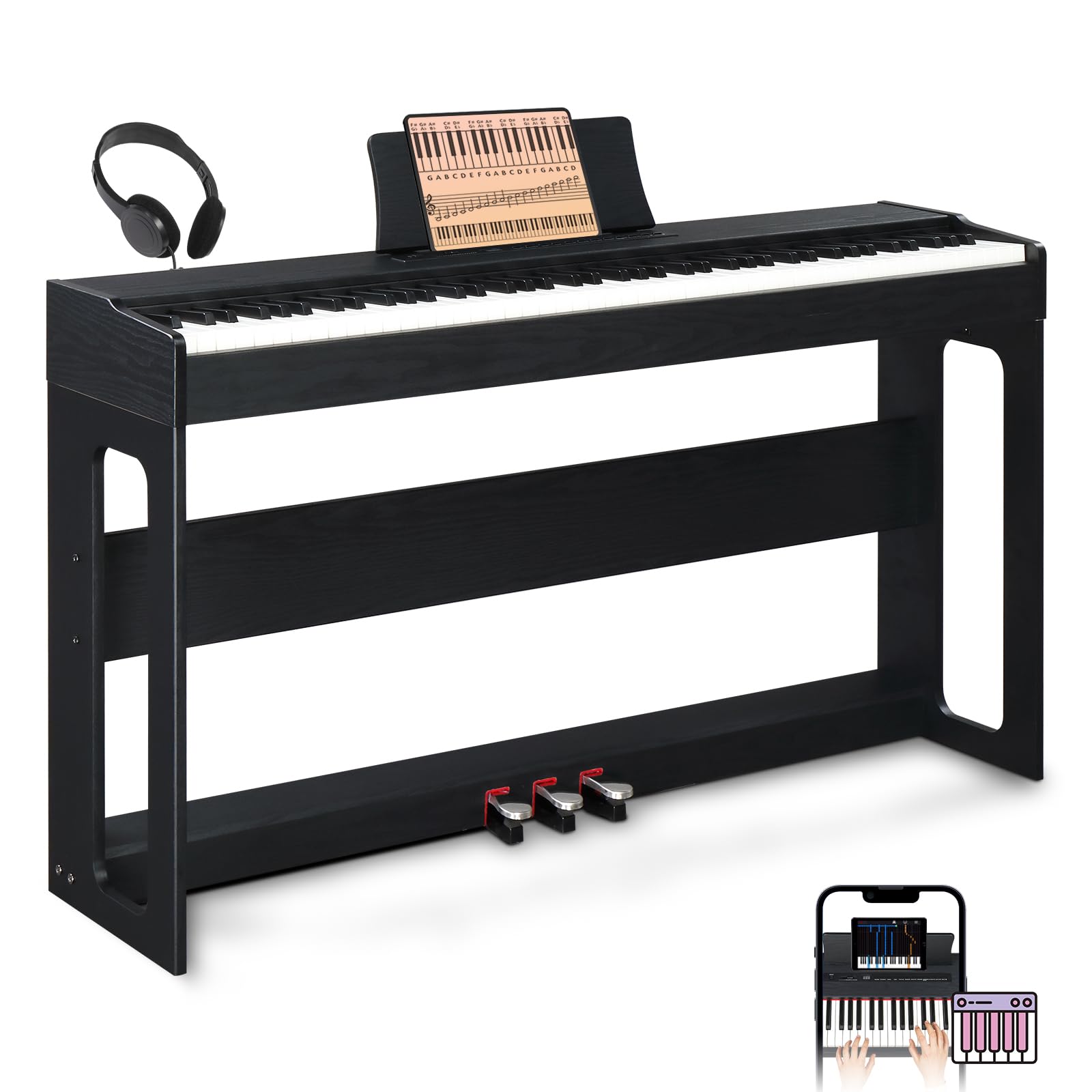 Ktaxon Digital Piano 88-Key Weighted Action Electric Piano with 3-Pedal Unit, Double Bluetooth, Split/Touch/Transpose Control Functions(Black)