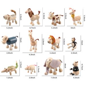 12PCS Bendable Wooden Animal Toys, Fun and Posable Animal Toys Figures for Early Education, Safari Wood Toy for Kids, Smooth Natural Wood, Wood Animal Learning Toy for Children