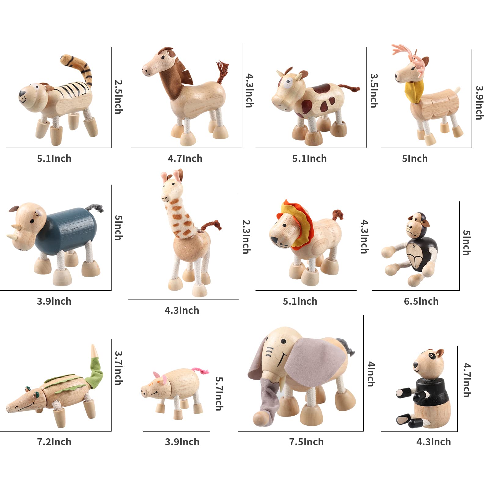 12PCS Bendable Wooden Animal Toys, Fun and Posable Animal Toys Figures for Early Education, Safari Wood Toy for Kids, Smooth Natural Wood, Wood Animal Learning Toy for Children