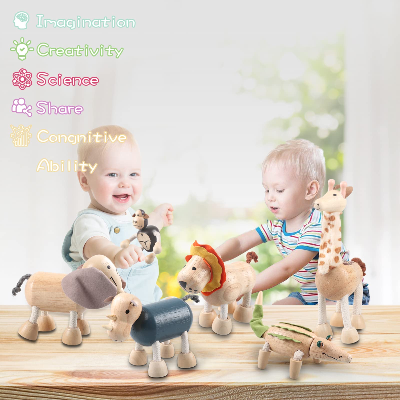 12PCS Bendable Wooden Animal Toys, Fun and Posable Animal Toys Figures for Early Education, Safari Wood Toy for Kids, Smooth Natural Wood, Wood Animal Learning Toy for Children