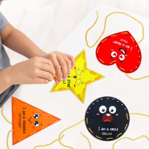 Funrous 10 Pieces Kids Recognition Lacing Cards Thick Cardboard Educational Sewing Cards Double Sided Lacing Playing Games for Children Toddler Preschool Developing Imagination Supplies (Shape)