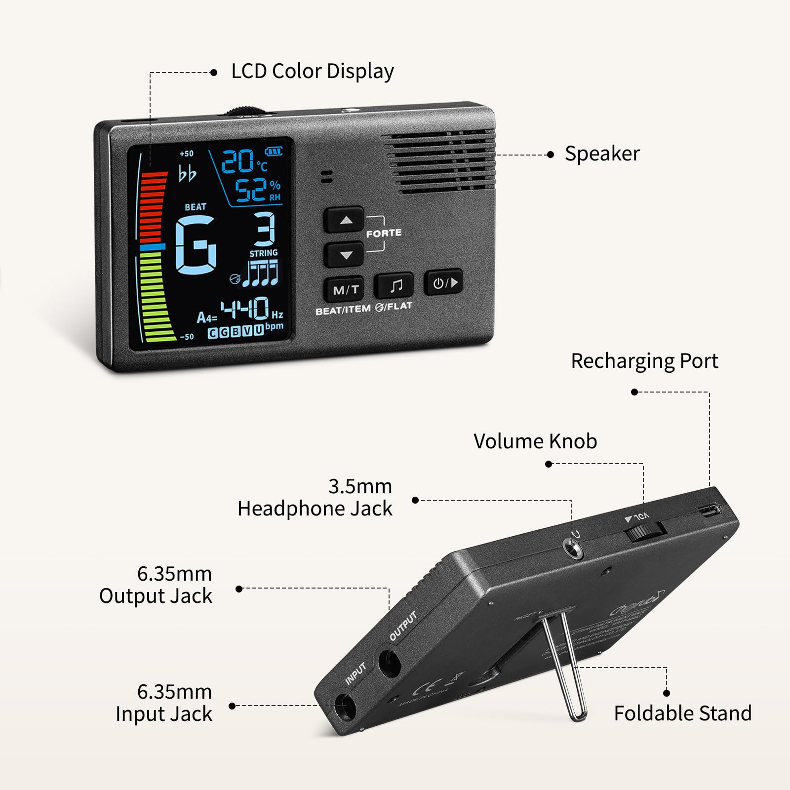 POGOLAB Metronome Tuner, 5 in 1 Rechargeable Digital Metronome Tuner Tone Generator Temperature Humidity with Clip Pickup for Guitar, Bass, Violin, Ukulele, Chromatic for All Instruments