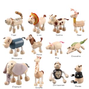 12PCS Bendable Wooden Animal Toys, Fun and Posable Animal Toys Figures for Early Education, Safari Wood Toy for Kids, Smooth Natural Wood, Wood Animal Learning Toy for Children