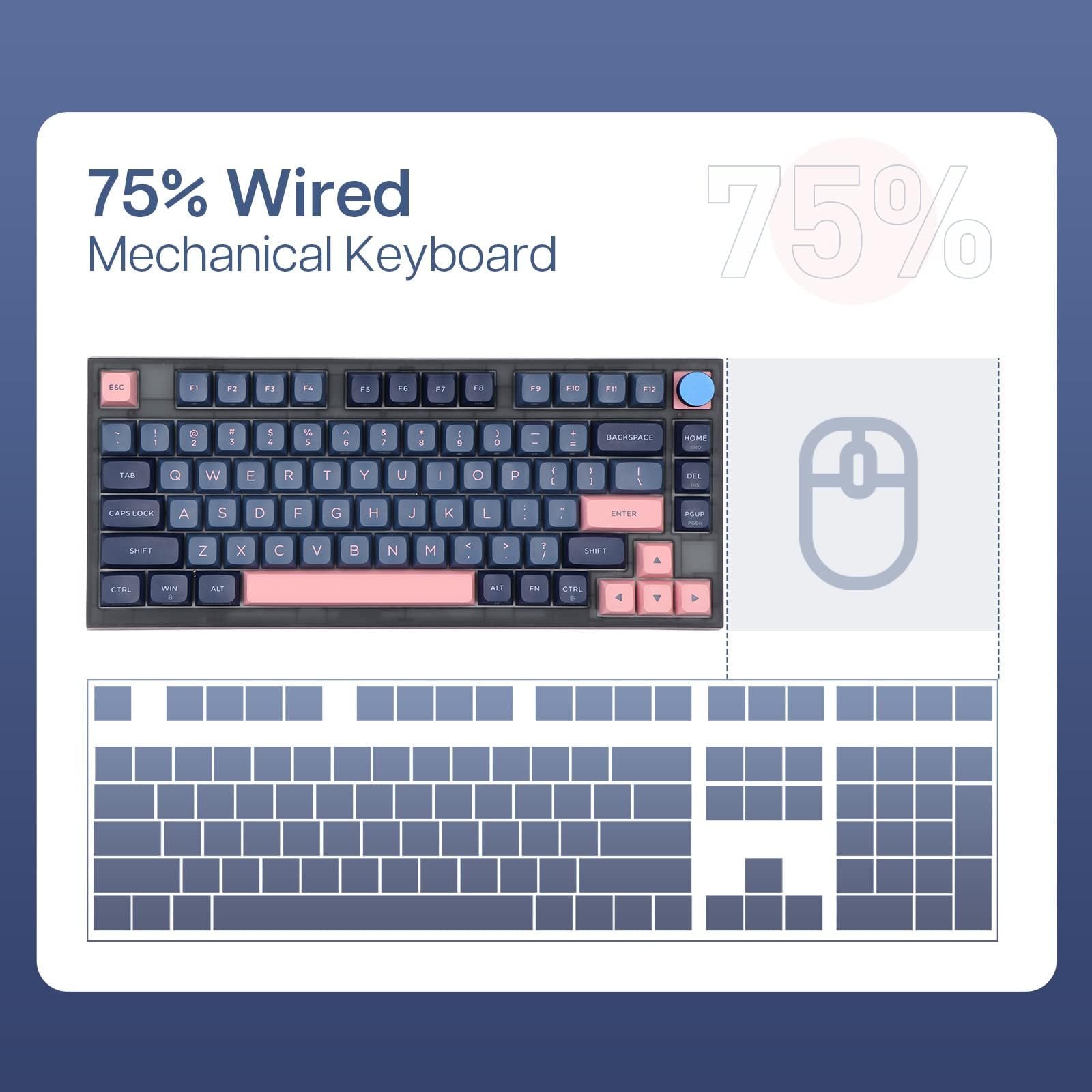 EPOMAKER SKYLOONG GK75 Lite Gasket-like Mount Wired Gaming Keyboard with A Rotary Knob, Hot Swappable Mechanical Keyboard, Programmable Custom Keyboard, for Win/Mac (Blue Pink, Gateron Optical Yellow)