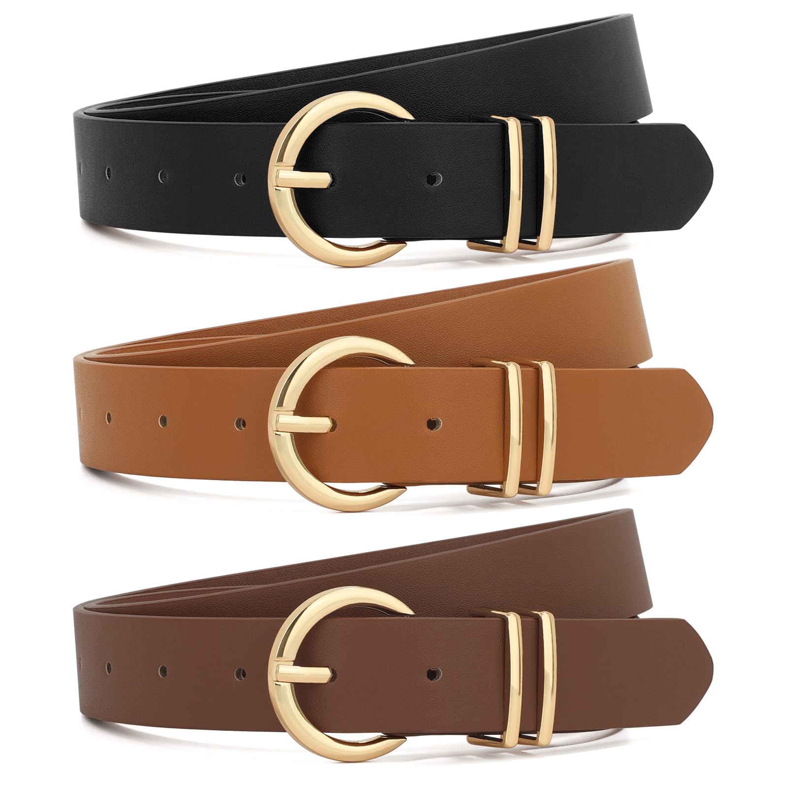 XZQTIVE 3 Pack Women Belts For Jeans Dresses Pants Ladies Leather Waist Belt with Gold Buckle