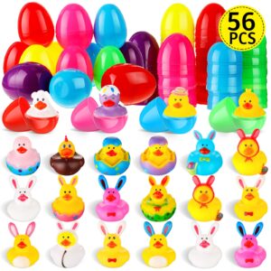 28 sets easter eggs filled with rubber duck, plastic egg prefilled with assorted rubber duck multicolor bunny small duck for bathtub toys, easter basket stuffers and party favors, class prizes, 56 pcs