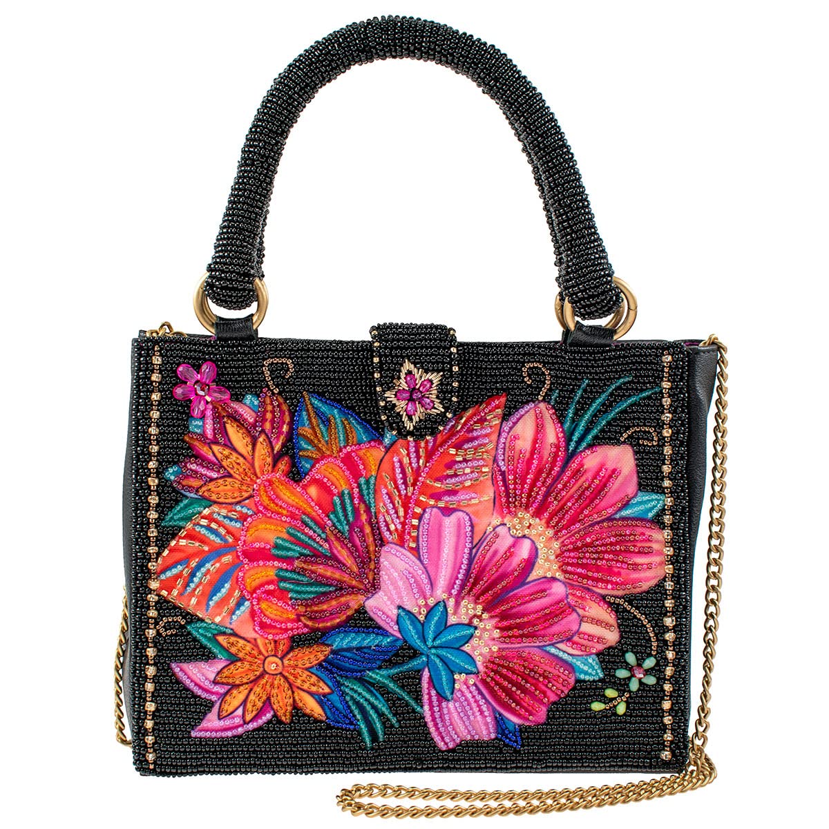 Mary Frances Centerpiece, Black Floral Top Handle Crossbody Handbag